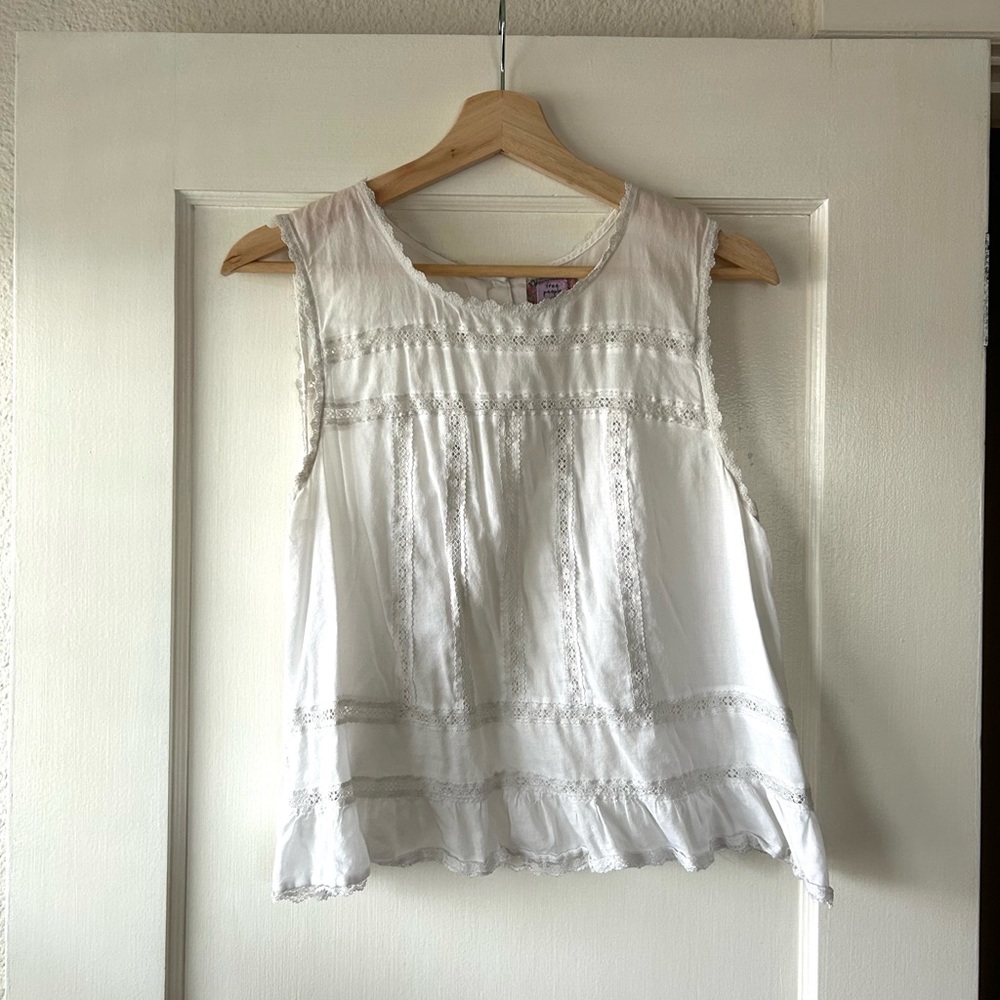 Free People Women’s M White Cotton Sleeveless Top Lace Ruffle Detail Open Back